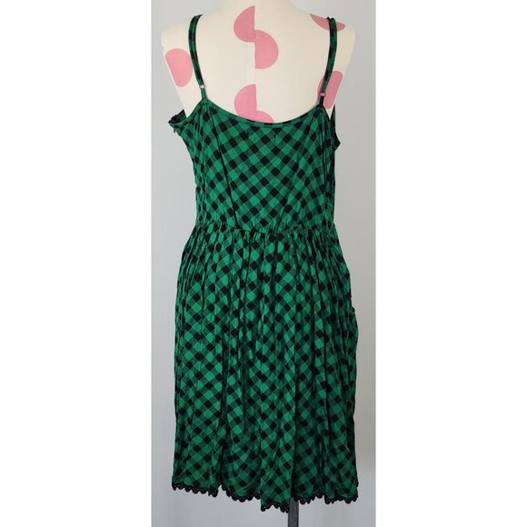 Women's Hot Topic Black Green Check Pleated Dress XL Pockets Sleeveless Zip - Picture 3 of 12